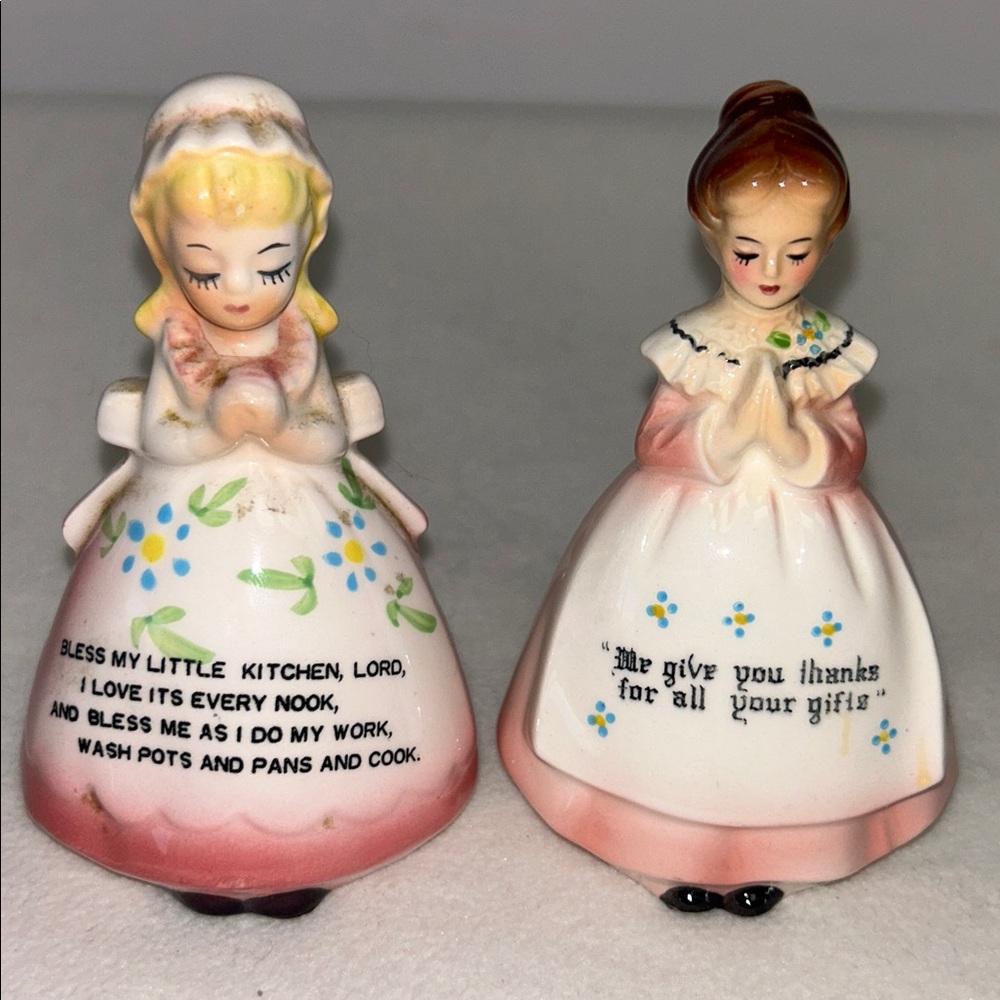 Vintage kitsch  1950’s praying ladies ceramic salt and pepper shaker set